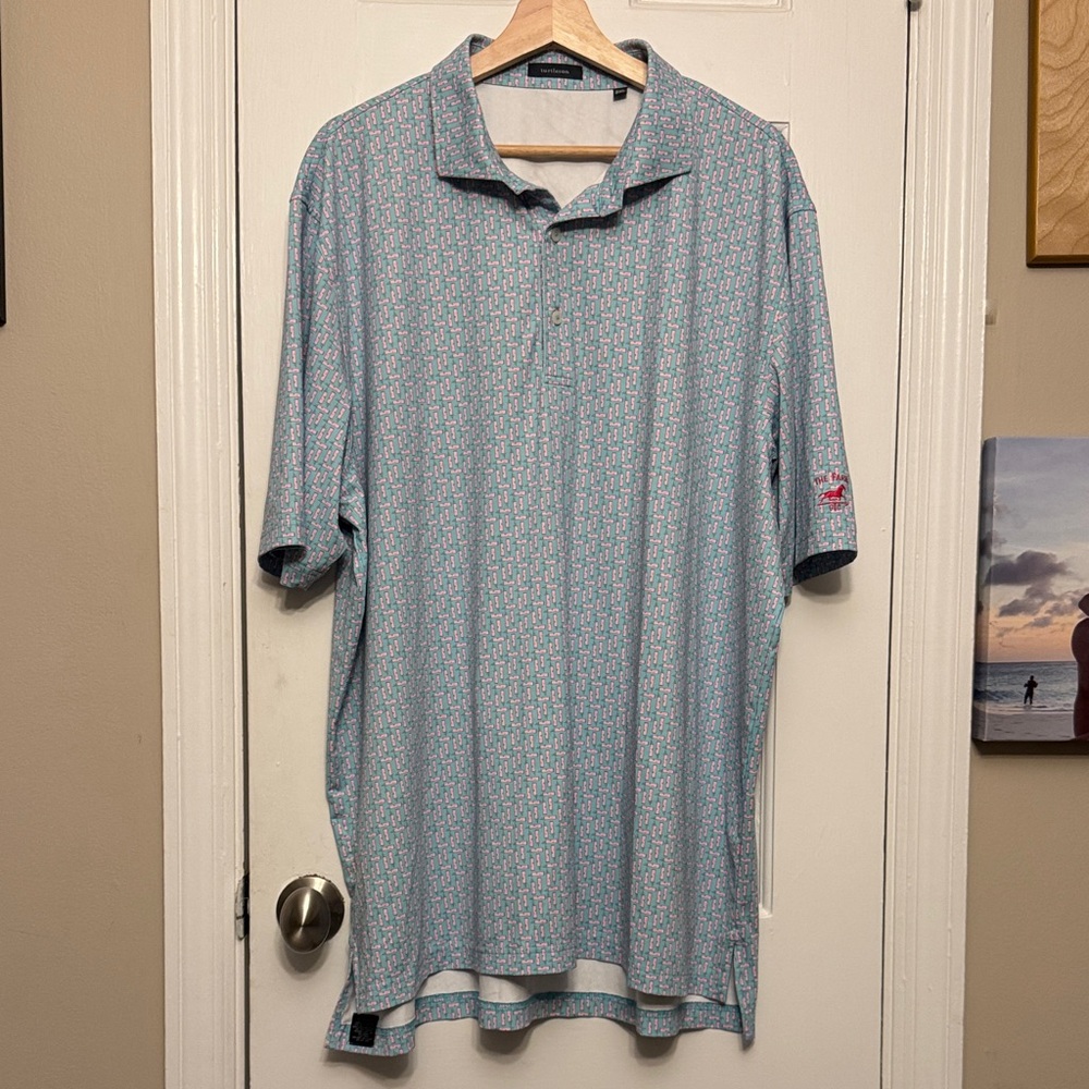 turtleson Men’s Golf Elegant Blue Patterned Polo Shirt Farms CC logo left sleeve
